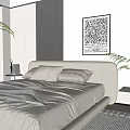 Modern Minimalist Bedroom Interior With Bed Nightstand Rug Plant Bookshelf And Artwork
