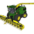 Green Agricultural Harvester With Yellow Cutting Equipment And Extended Mechanical Arm