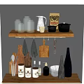 Organized Kitchen Utensils Jars Pots and Hanging Chopping Boards on Wooden Shelf