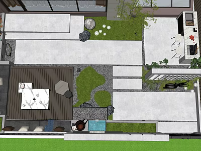 Modern Garden Landscape Design With Green Lawn Stone Pathway Seating Area And Water Feature 3d model
