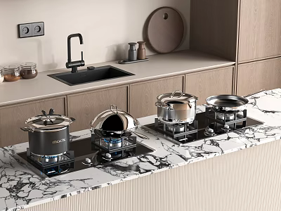 Modern Kitchen With Marble Countertop Featuring Stainless Steel Appliances And Pots On Stove 3d model