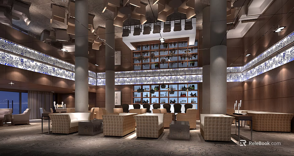 Modern Restaurant Interior With Columns Unique Ceiling Design Wine Rack And Sofa Seats 3d model 