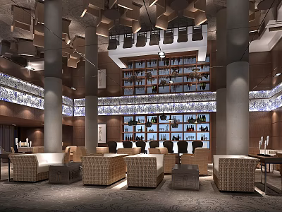 Modern Restaurant Interior With Columns Unique Ceiling Design Wine Rack And Sofa Seats 3d model