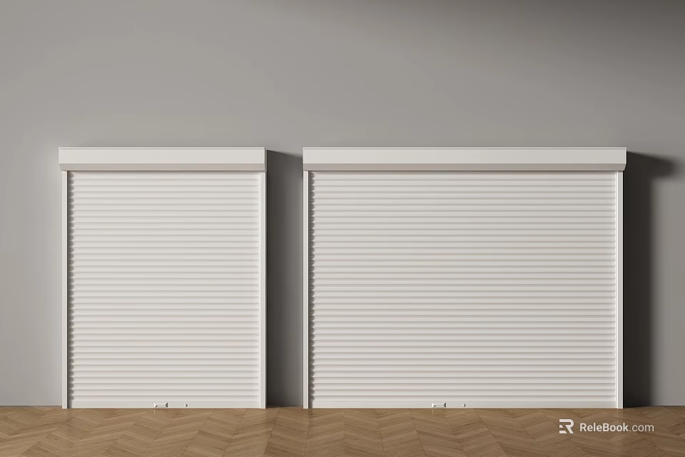 Two White Roller Shutters In Interior With Gray Wall And Herringbone Wooden Floor 3d model 