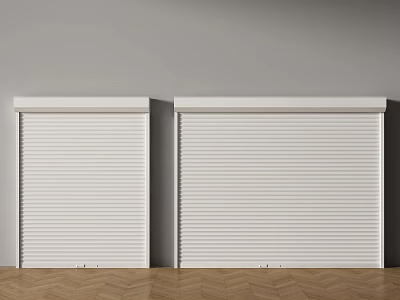 Two White Roller Shutters In Interior With Gray Wall And Herringbone Wooden Floor 3d model