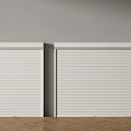 Two White Roller Shutters In Interior With Gray Wall And Herringbone Wooden Floor