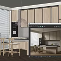 Modern Restaurant Kitchen With Open Design Light Wood Cabinets Island Pendant Light And Bar Stools