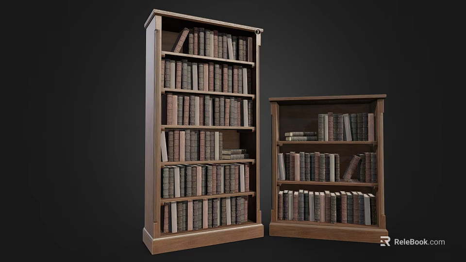 Two Wooden Bookcase Furniture With Tall And Short Designs Filled With Books 3d model 