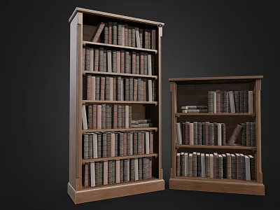 Two Wooden Bookcase Furniture With Tall And Short Designs Filled With Books 3d model