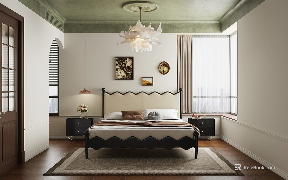 Elegant Modern Bedroom Interior With Black Headboard Bed Green Ceiling White Pendant Light City View 3d model 