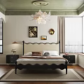 Elegant Modern Bedroom Interior With Black Headboard Bed Green Ceiling White Pendant Light City View