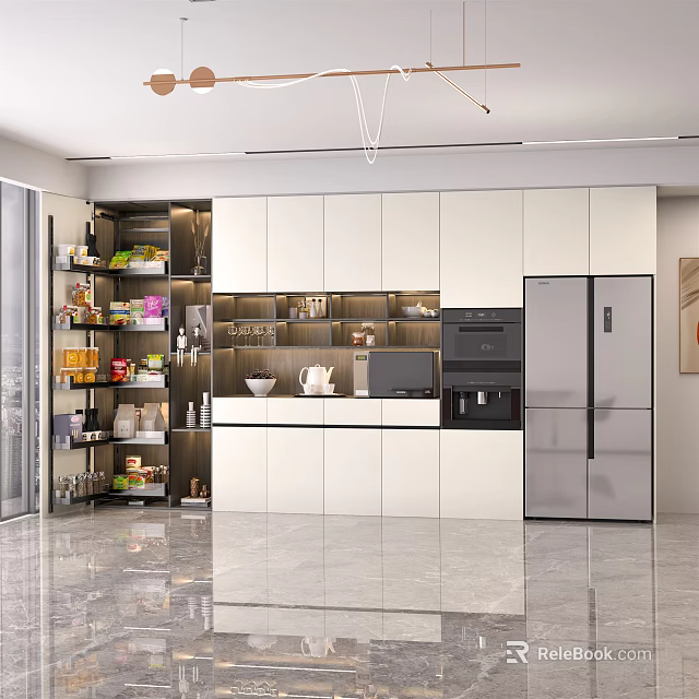 Modern Kitchen Sideboard Design With White Cabinetry Open Shelves And Storage Space 3d model