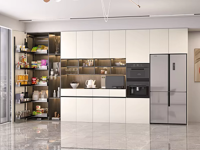 Modern Kitchen Sideboard Design With White Cabinetry Open Shelves And Storage Space 3d model