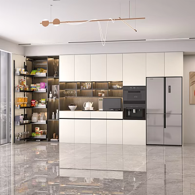 Modern Kitchen Sideboard Design With White Cabinetry Open Shelves And Storage Space 3d model