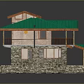 Traditional Multi Level House With Green Roof Stone Walls And Wooden Balconies