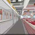 Supermarket Meat Section With Fresh Meat Display Counters White Tile Walls And Red Pendant Lights