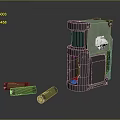 Green Mechanical Device With Open Compartment And Cylindrical Cartridges On Dark Reflective Surface