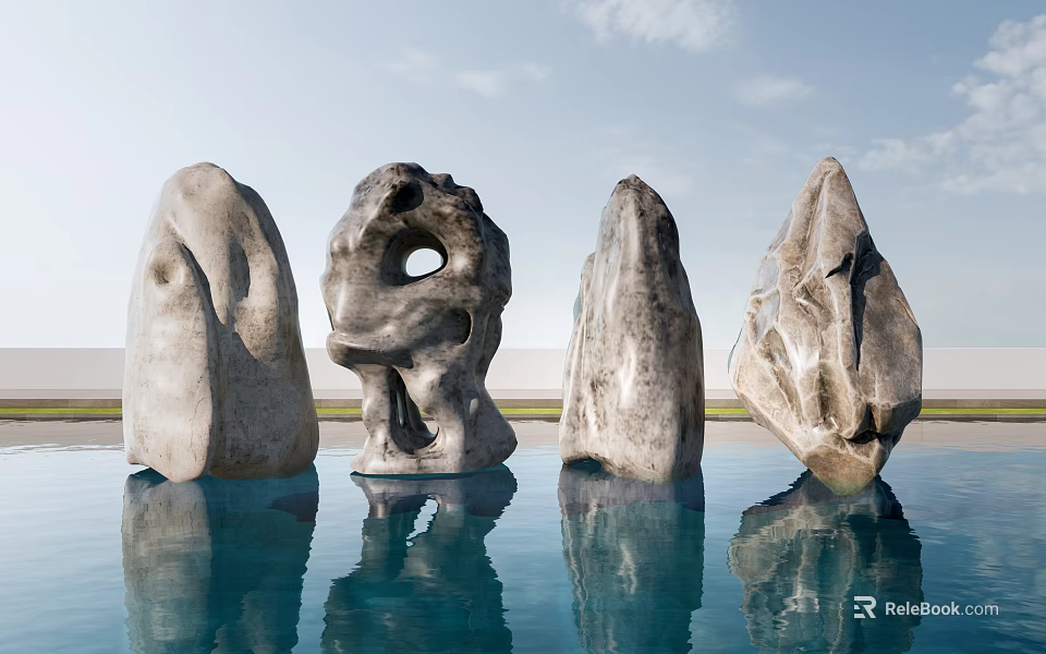 Natural Stone And Wood Sculptures Standing In Water With Sky Reflections 3d model 