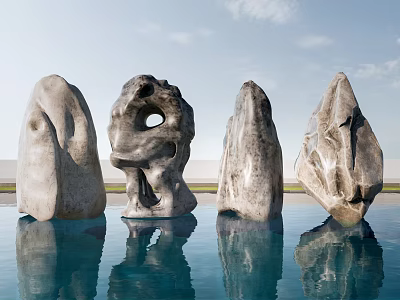 Natural Stone And Wood Sculptures Standing In Water With Sky Reflections 3d model