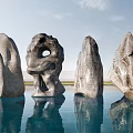 Natural Stone And Wood Sculptures Standing In Water With Sky Reflections