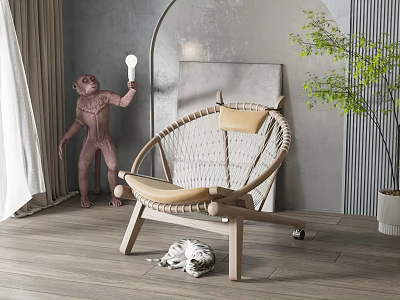 Wicker Leisure Chair With Wooden Frame Beige Cushion Gray Wall Green Plant And White Curtains 3d model