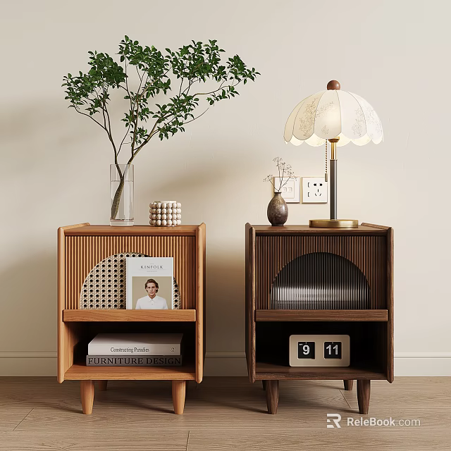 Wooden Bedside Tables With Green Plant Vase Books Table Lamp And Clock 3d model 