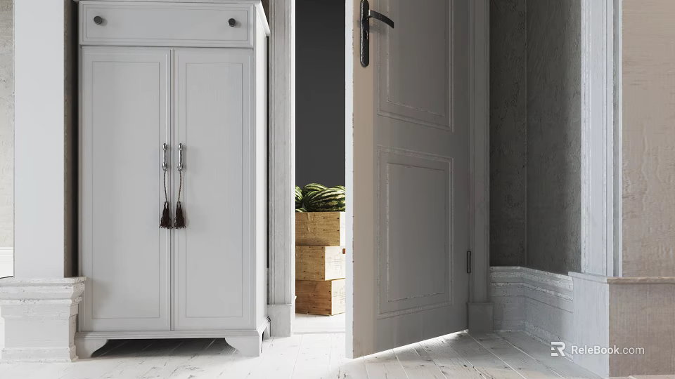 White Hinged Door In Bright Interior With Wooden Crate And Cabinet 3d model 