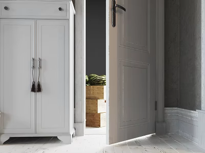 White Hinged Door In Bright Interior With Wooden Crate And Cabinet 3d model