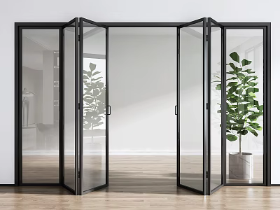 Black Frame Glass Folding Doors in Modern Interior Space with Green Plant and Wooden Floor 3d model