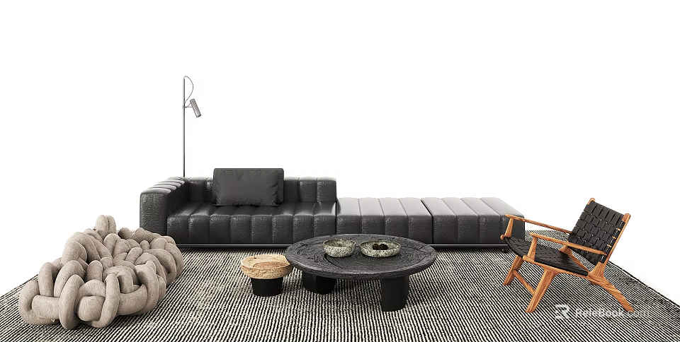 Modern Black Sofa And Round Coffee Table Set With Decorative Items And Floor Lamp 3d model 