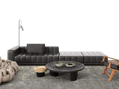 Modern Black Sofa And Round Coffee Table Set With Decorative Items And Floor Lamp 3d model