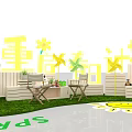 Exhibition Booths With White Canopies Green Yellow Decorations Plants And Circular Central Area