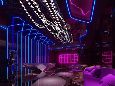 Modern Store Front Desk With Neon Purple Blue Lighting And Stylish Decor Elements 3d model