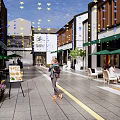 Modern Commercial Street With Pedestrians Green Umbrellas Star Decorations Tables Chairs And Plants