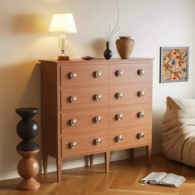 Elegant Wooden Entryway Console Cabinet with Multiple Drawers Metal Knobs Table Lamp and Vases 3d model