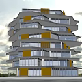 Modern Multi Storey Office Building With Unique Design Yellow And White Facade And Glass Windows