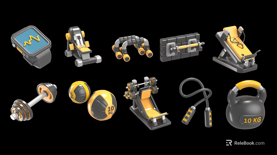 Various Fitness Workout Equipment Including Dumbbells Barbells Jump Ropes And Exercise Balls 3d model 