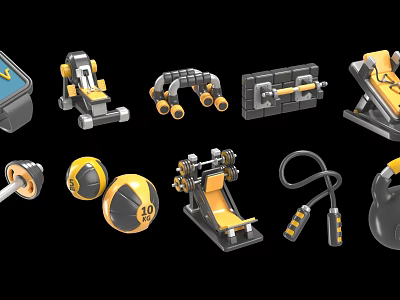 Various Fitness Workout Equipment Including Dumbbells Barbells Jump Ropes And Exercise Balls 3d model