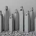 Decorative Stone Pillars With Gold And Gray Lion Statues In Blue Background On White Pebbles