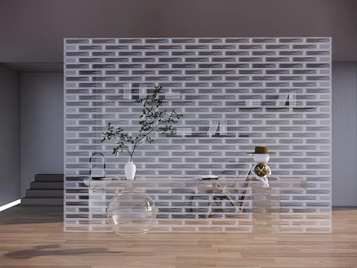 White Brick Pattern Room Partition In Modern Interior With Wooden Floor And Green Plant 3d model