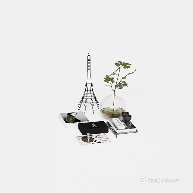 Decorative Ornament Set With Eiffel Tower Model Clear Glass Vase Plant And Books 3d model 