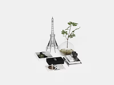 Decorative Ornament Set With Eiffel Tower Model Clear Glass Vase Plant And Books 3d model