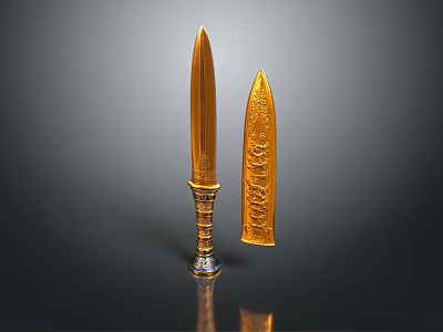 Ornate Golden Dagger And Sheath With Intricate Carved Designs And Decorative Handle 3d model