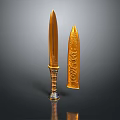 Ornate Golden Dagger And Sheath With Intricate Carved Designs And Decorative Handle