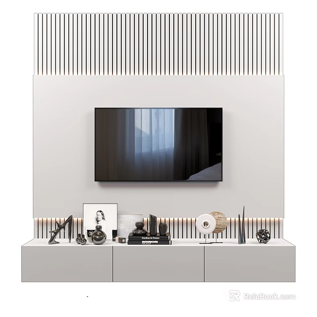 Modern TV Background Wall With Decor And Vertical Slats 3d model
