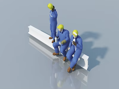 Three Construction Workers in Blue Overalls and Yellow Hard Hats Sitting on White Structure 3d model