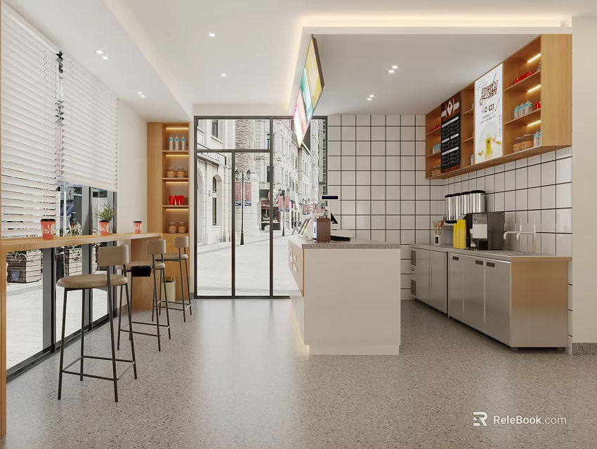 Bright Modern Bubble Tea Shop Interior With Counter Seating Wooden Shelves And Drink Machines 3d model 