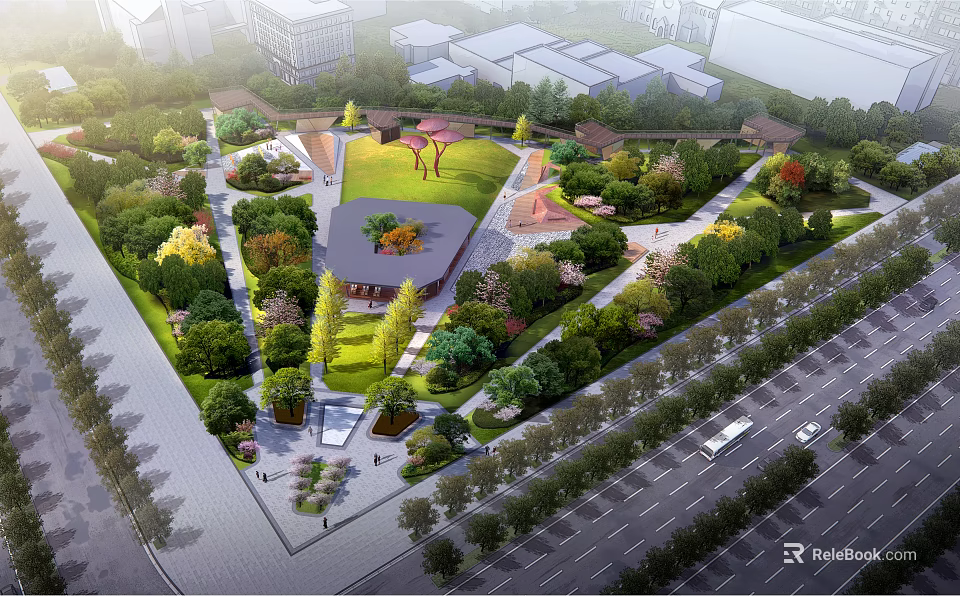 Scenic Urban Park Landscape With Lush Lawns Diverse Trees Open Plaza And Walking Paths 3d model 