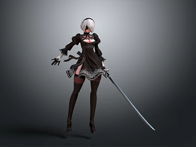 Woman With White Short Hair In Black Lace Dress Holding Long Sword And High Heels 3d model