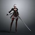 Woman With White Short Hair In Black Lace Dress Holding Long Sword And High Heels